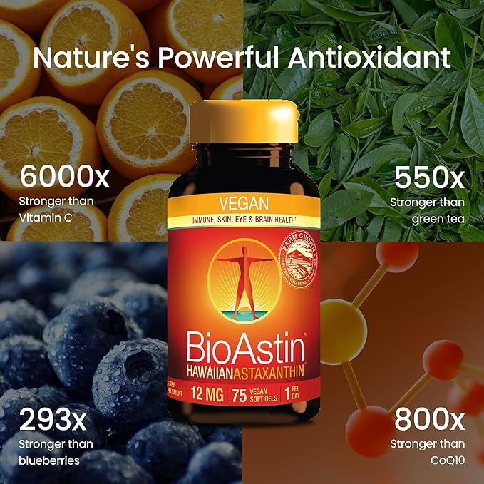 Nutrex Hawaii Vegan BioAstin Hawaiian Astaxanthin - 12mg, 75 Softgels - Farm-Direct Premium Antioxidant Supplement to Support Eye, Skin, Joint & Immune System Health - Non-GMO & Gluten-Free