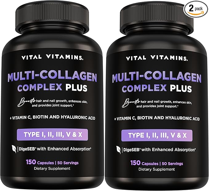 Vital Vitamins Multi Collagen Plus Capsules (2-Pack) - with Biotin, Hyaluronic Acid, Vitamin C - Type I, II, III, V, X Peptides - Collagen Supplements for Men & Women - Hair, Skin, Nails Complex