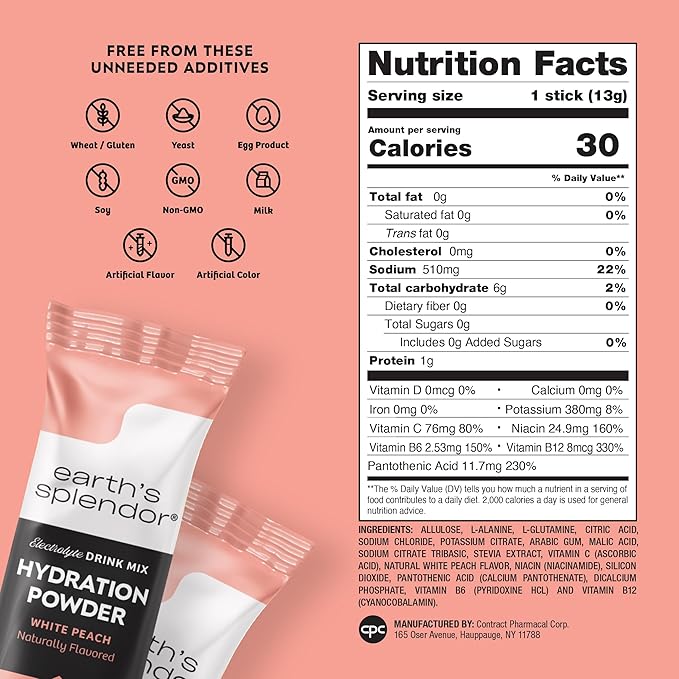 Earth's Splendor Electrolytes Powder Packets Sugar Free White Peach Hydration Sticks with Essential Vitamins for Energy & Sports Performance Travel-Friendly Single-Serve Packets for Daily Use 10 Pack