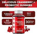 Vitamatic 2 Pack Cranberry Gummies with D-Mannose, Probiotics, Vitamin C – Plant-Based Botanical Extract – Vegan, Non-GMO – 60 Count