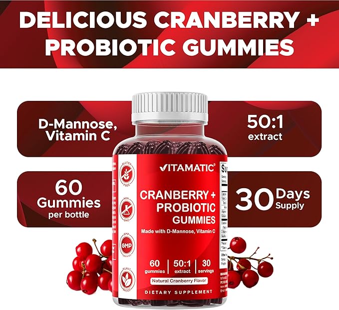 Vitamatic Cranberry Gummies with D-Mannose, Probiotics, Vitamin C – Plant-Based Botanical Extract – Vegan, Non-GMO – 60 Count