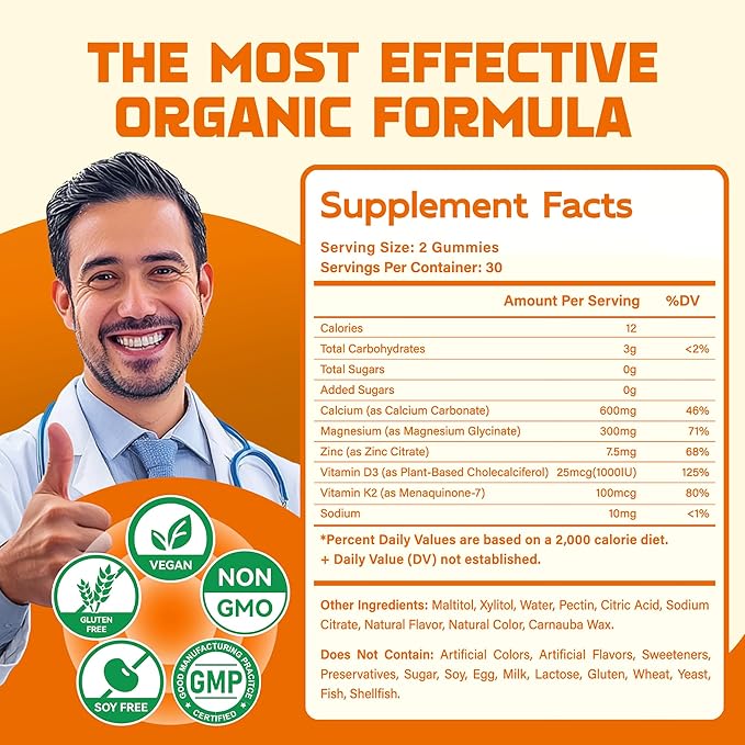 Magnesium Glycinate Gummies 1000mg - Sugar Free Magnesium Potassium Supplement with Vitamin D, B6, CoQ10 for Calm Mood & Sleep Support - 120 Orange Gummies 2 Pac