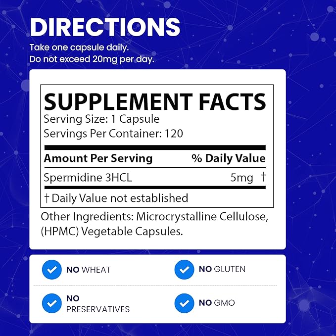 Ultimate Spermidine Supplements for Men and Women, 100x Formula, Longevity Supplements Support, 5 mg Per Capsule, 3rd Party Tested, Vegan, 120 Servings