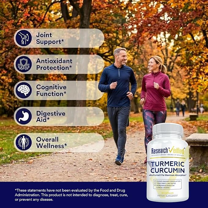 Research Verified Turmeric Curcumin Supplement with Black Pepper (BioPerine) - High Potency Curcumin - Antioxidant, Joints & Daily Wellness - 60 Vegan Turmeric Capsules - Made in USA - 3 Month Supply