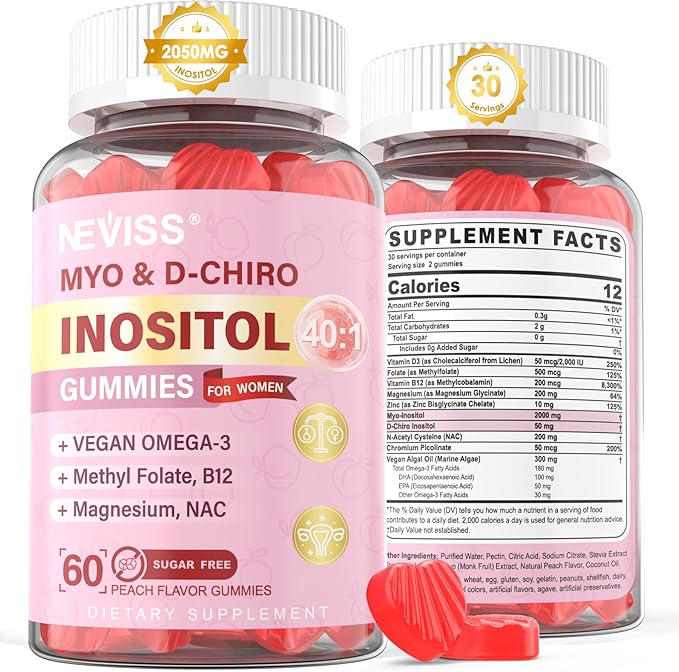 Myo-Inositol & D-Chiro Inositol Gummies Sugar Free, Ideal 40:1 Ratio Inositol Supplement for Women w/ Vegan Omega-3, D3, Magnesium, Methyl Folate, B12, Inositol Multivitamin for Women's Overall Health