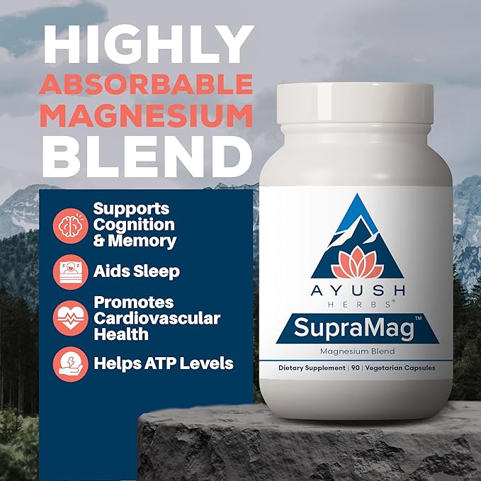 Ayush Herbs SupraMag - 400mg Magnesium Complex Supplement with Chelated Magnesium Bisglycinate, Citrate, Ororate for Sleep, Energy, & Brain Health - 90 Vegetarian Capsules (1 Count)