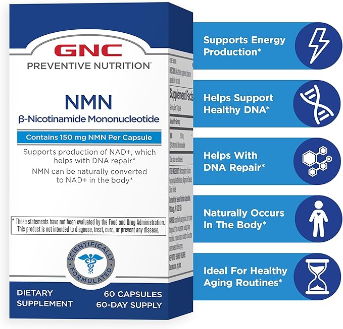 GNC Preventive Nutrition NMN, 150 mg, NAD+ Booster Supplement for Cellular Energy & DNA Repair, Anti-Aging Support, 60 Capsules, Gluten Free, 60 Servings