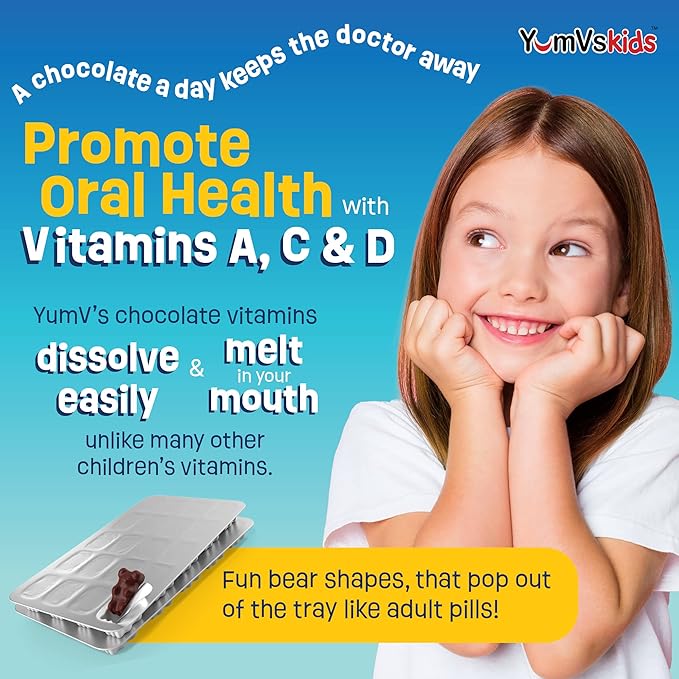 YUM-V'S Kids Multivitamin Chocolate Bears for Immune & Bone Support – 16 Kids Vitamins & Minerals with A, B Complex, Magnesium & Zinc – Daily Toddler Vitamins in Milk Chocolate – 60 Count, Pack of 1