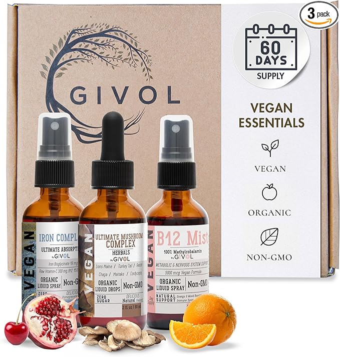 Ultimate Vegan Essential Bundle Liquid Spray- Ultimate Mushroom Complex, Iron Bisglycinate, and Vitamin B12 Methylcobalamin, All Natural, Non-GMO, Gluten Free, Sugar Free 2 Fl Oz 360 Days Supply