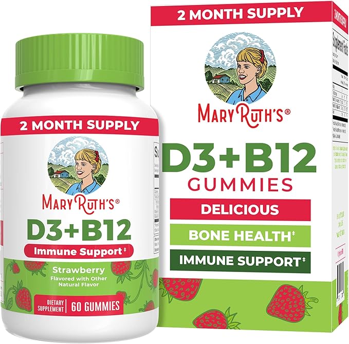 MaryRuth Organics Vegan Vitamin D3 + Vitamin B12 Gummies | 2 Month Supply | Supports Bone Health | Immune Support Supplement | Energy Supplements | Methyl B12 Vegan Non-GMO Gluten Free | 60 Servings