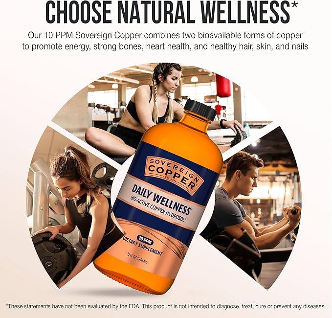 Sovereign Copper Bio-Active Copper Hydrosol, Daily+ 4-in-1 Wellness Supplement for Joint, Bone, Hair, Skin and Nails, Cardiovascular Health, Energy and Metabolic Health Support, 32 fl oz (946mL)
