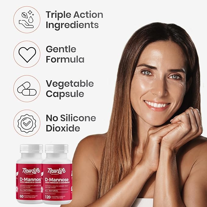 NewLife Naturals D-Mannose Capsules | w/Cranberry and Hibiscus Extracts | Natural Urinary Tract Health Supplement | 1400mg Pure Veggie Powder | 120 Veggie Capsules