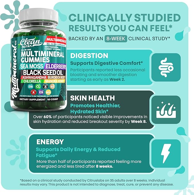 Sea Moss Gummies | Clinically Tested - Black Seed Oil Ashwagandha Elderberry Burdock Root Chlorella Manuka Honey - Vegan Irish Sea Moss Gummy Vitamins for Adults Kids Men Women - Green Apple Flavor
