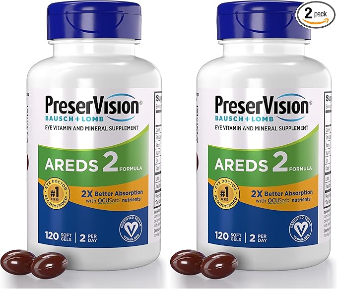 PreserVision AREDS 2 Eye Vitamin & Mineral Supplement with OCUSorb,120 Vegan Soft Gels,Contains Lutein,Zeaxanthin,Vitamin C & E,Zinc,&-Copper,Eye Health Supplements for Adults,(Pack of 2)