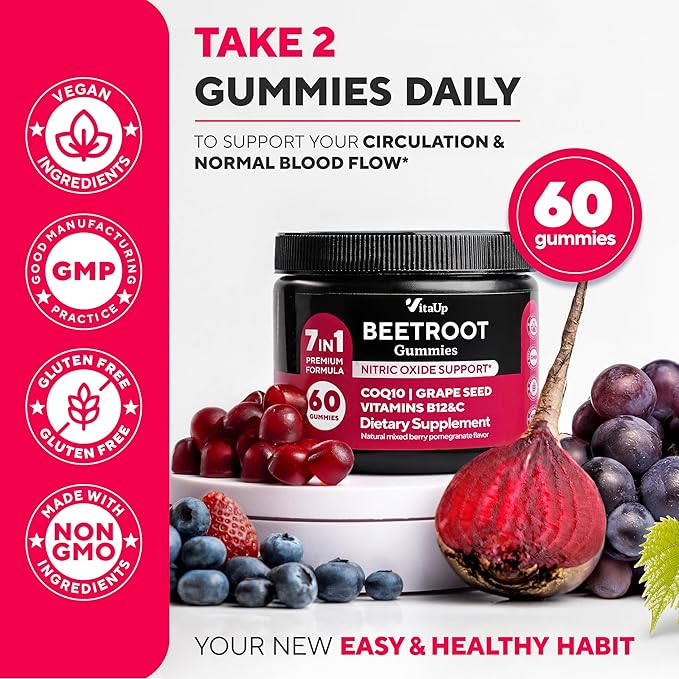 Beet Root Gummies – Beetroot Supplement with CoQ10, Grape Seed, Vitamin C, B12 & B3 – Nitric Oxide Gummies for Circulation Support – Beet Supplement for Energy & Immune Support – 60 Beets Chews