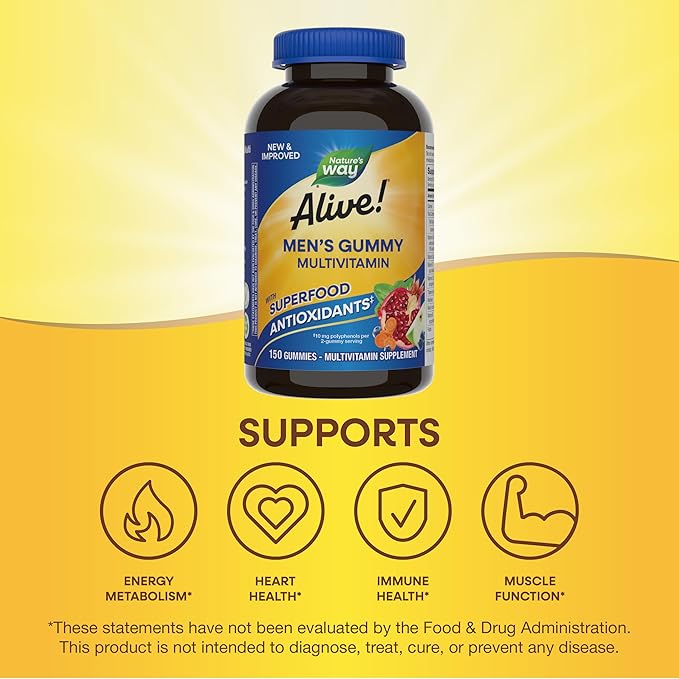 Nature's Way Alive! Men's Multivitamin Gummies,Supports Energy Metabolism*,Muscle Function*,Superfood Antioxidants(1),B-Vitamins,Vegetarian,Fruit Flavored,150 Gummies (Packaging May Vary),(Pack of 2)