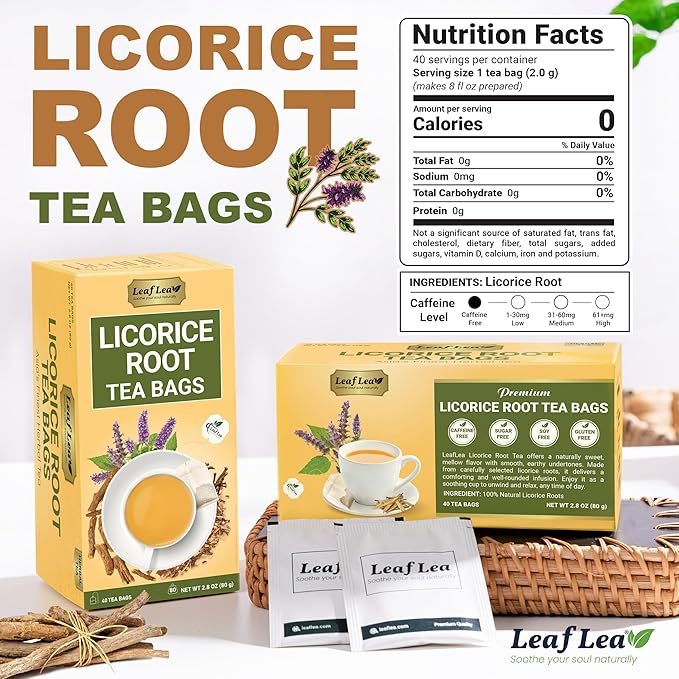 LeafLea 40 Premium Licorice Root Tea Bags, 100% Pure Licorice Spice Tea, Herbal Infusion to Digestive Comfort & Promote Respiratory Health, Te De Regaliz, Caffeine-Free, Sugar-Free, Soothing Flavor