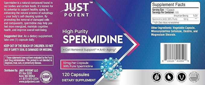 Just Potent High Purity (99%) Spermidine Supplement | 120 Capsules, 4 Months of Supply, 10mg per Capsule | Cell Renewal Support and Anti-Aging