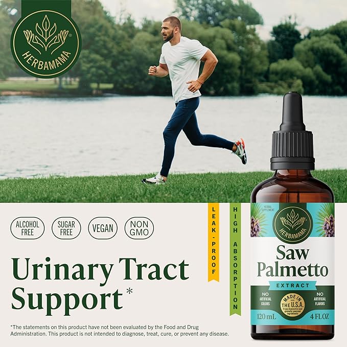 HERBAMAMA Saw Palmetto for Men Tincture - Vegan Men's Urinary Tract Support with Saw Palmetto Extract Drops - Non-GMO, Alcohol & Sugar-Free Serenoa Repens Berries Supplement, 168-Day Supply