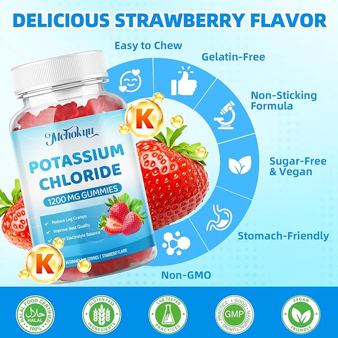 Potassium Chloride Gummies 1200mg for Adults & Kids, Sugar-Free Potassium Supplement Gummies Support Leg Cramps & Electrolyte Balance for Women & Men, Strawberry Flavor, 60 Count