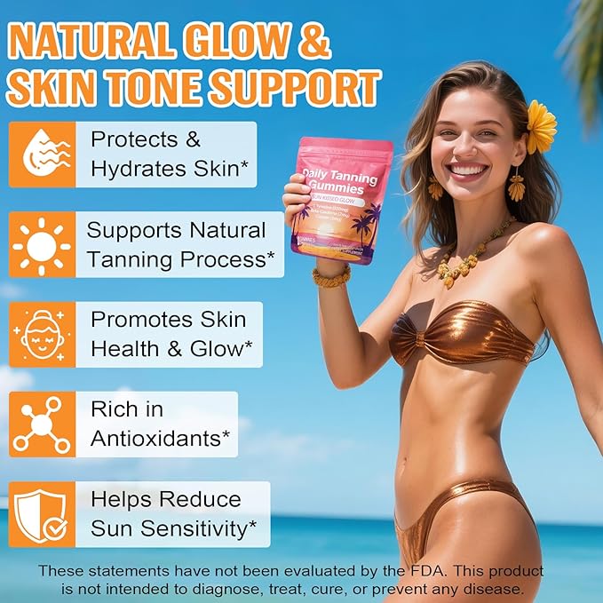 Daily Tanning Gummies - Enhance Natural Tan, Nourish & Protect Skin - with L-Tyrosine & Beta-Carotene - Sun-Free Glow - Watermelon Flavor, 60 Count