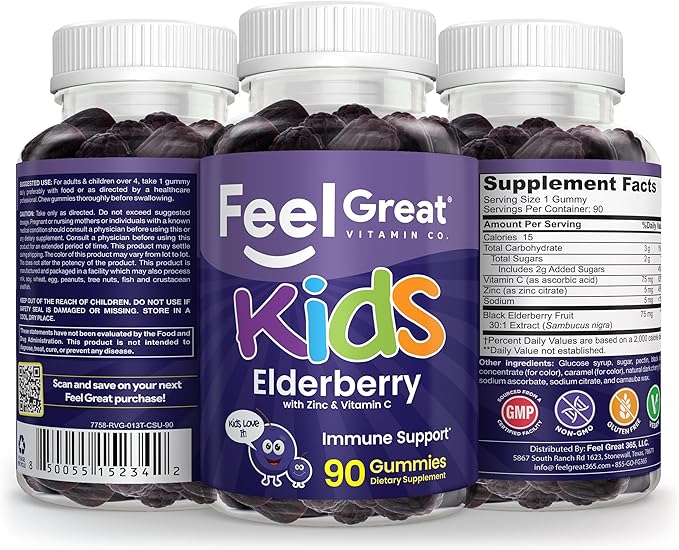 Feel Great Vitamin Co. Elderberry Gummies for Kids | Immune Support | Natural Antioxidant Immune Booster | with Vitamin C and Zinc | Gluten Free & Vegetarian | 90 Gummies