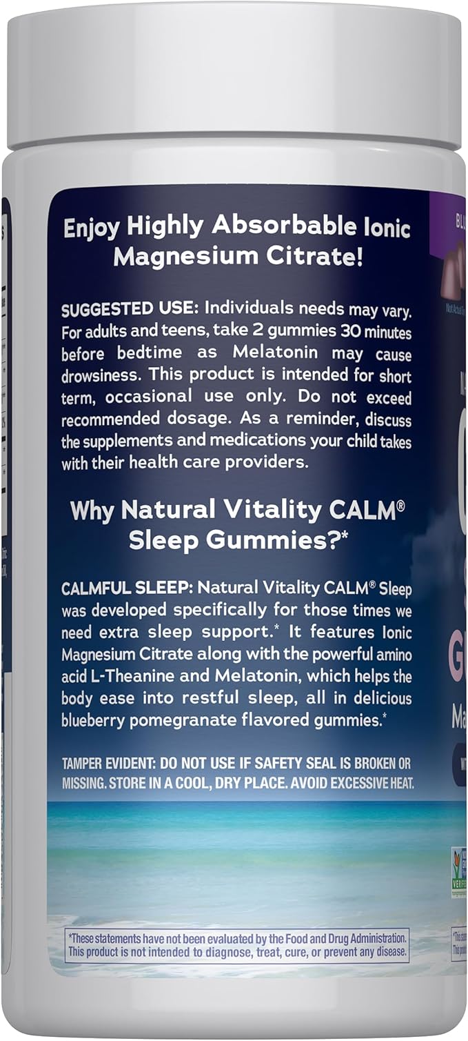 Natural Vitality SLEEP Gummies, Magnesium Supplement With Melatonin and L-Theanine, Vegan, Gluten Free, Helps the Body Ease Into Sleep, Blueberry Pomegranate 120 Count