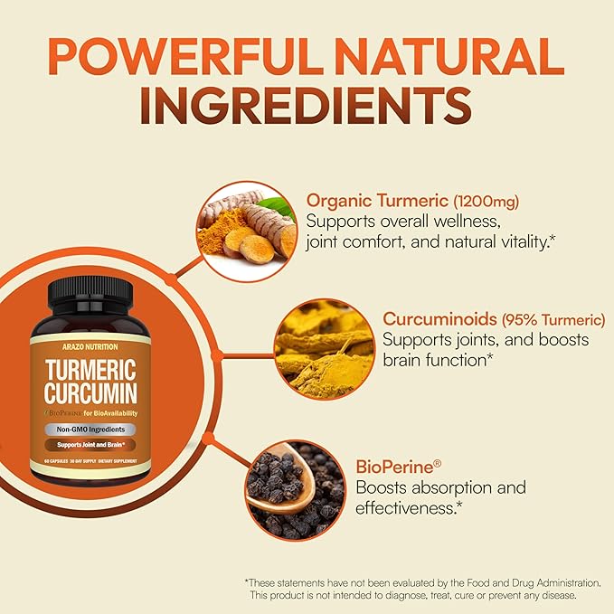Arazo Nutrition Turmeric Curcumin with BioPerine Black Pepper Extract - 1300mg Per Serving - Joint Support Nutritional Supplements - 100% Herbal Tumeric Root Capsules