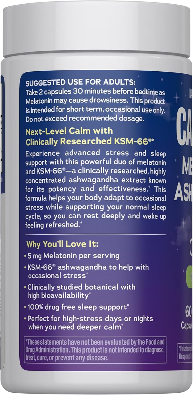 Natural Vitality Calm Sleep Melatonin and Ashwaganda KSM-66 Capsules | 100% Drug Free | 60 Count