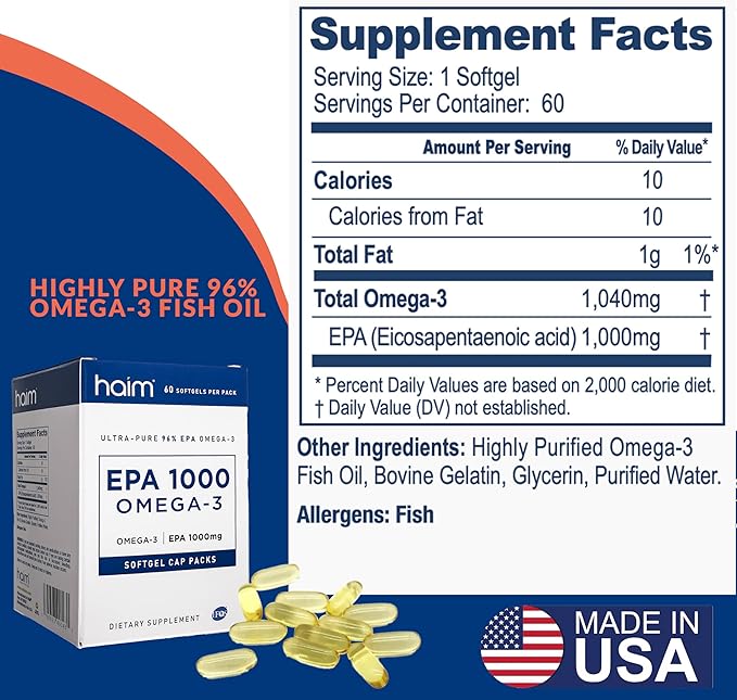 HAIM EPA1000 – High-Potency EPA Fish Oil Supplement – 1,000mg Omega-3 for Heart, Brain & Joint Health – Pure, Burpless Capsules – 60 Softgels – Made in USA