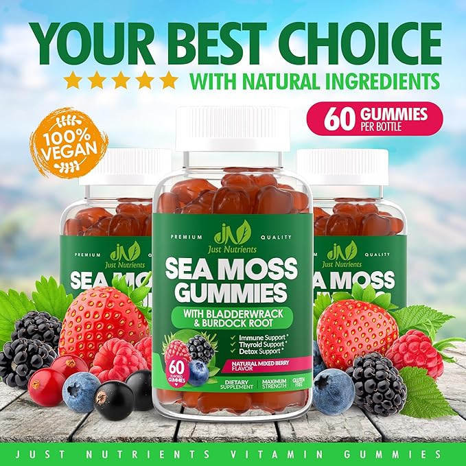 Sea Moss 3000mg Gummies with Bladderwrack and Burdock Root - Natural Irish Sea Moss Superfood for Immune, Thyroid and Detox Support - Extra Strength for Men & Women - Gluten-Free, Vegan - 60 Gummies