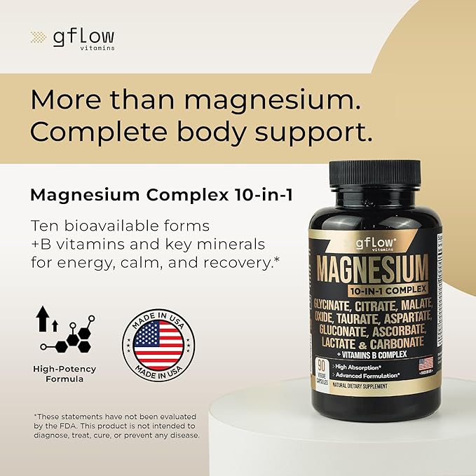 gflow vitamins Magnesium Complex Supplement - 10 Active Forms, Glycinate, Citrate, Malate, Oxide, Taurate, Aspartate, Gluconate, Ascorbate, Lactate, Carbonate, Plus More with Vitamin C B1 B2 B6 B12