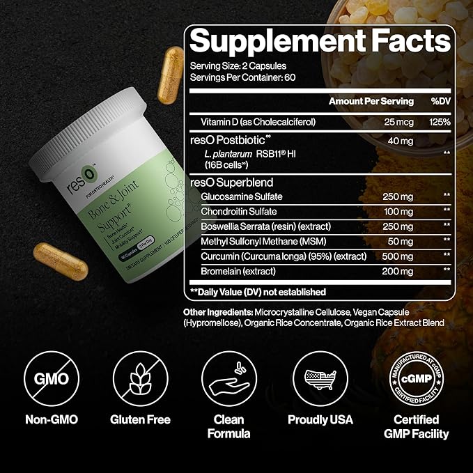 resO Bone & Joint Postbiotic for Women & Men - Natural Glucosamine & Chondroitin Supplement, Joint Health Support, Formula with Boswellia, MSM, & Vitamin D3, Gluten Free, Non GMO - 60 Capsules