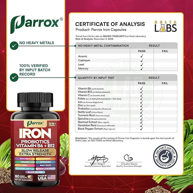 Iron Supplement, Slow Release Iron, Probiotics, Spirulina, Turmeric, Vitamin B6, Methylated B12, Vitamin C, Zinc, Beetroot, Nettle Leaf, Dandelion Root, Black Pepper, Extra Strength, 60 Capsules 2Pack