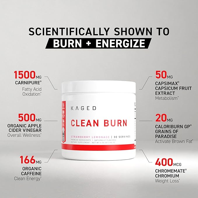 Kaged Clean Burn | Weight Loss Powder | CaloriBurn GP, L Carnitine, Coconut Water | Boost Metabolism, Energy, Focus | Strawberry Lemonade