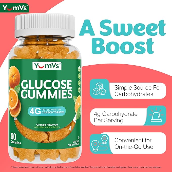 YUM-V'S Glucose Gummies – Fast Acting Glucose Chewable Gummies – Great Tasting – Gluten Free, Vegan, Non-GMO – Orange Natural Flavor – 60 Chewable Gummy for Adults & Kids