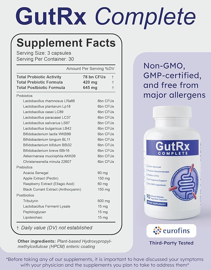Complete Probiotic, Prebiotic, Postbiotic, GLP-1 Alternative with Akkermansia & Christensenella for Gas, Bloating, Gut Barrier & Microbiome Support – 78 Billion CFU – Enteric-Coated – 90 Count