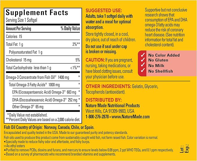 Nature Made Extra Strength Omega 3 Fish Oil Supplements, 1400mg, Fish Oil Omega 3 Supplements as Ethyl Esters for Healthy Heart, Brain, Eyes, Mood Support, 45 Softgels, 45 Day Supply
