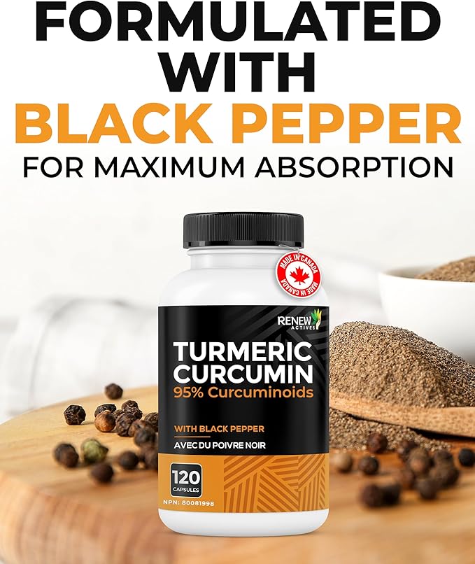 Renew Actives Turmeric Curcumin with Black Pepper – 600MG Turmeric Root, 100MG Curcuminoids per 2 Capsules – Supports Digestion, Liver Health, Joint Relief & Mobility – Made in Canada – 120 Capsules