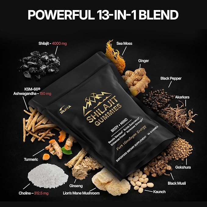13-in-1 Shilajit Gummies with KSM-66® Ashwagandha | 4000 mg Himalayan Shilajit Extract (20:1), Choline & Botanicals | Sugar-Free, Vegan | Energy, Focus & Daily Vitality Support for Men & Women