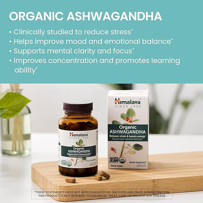 Himalaya Organic Ashwagandha Root, 120 Day Supply - Herbal Adrenal Support Supplements for Stress Relief and Energy Support - USDA Organic, Non-GMO, Vegan, Gluten Free, 60 Caplets, 2 Pack