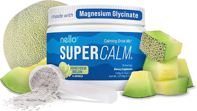 Nello Supercalm Powdered Drink Mix Tub, Cortisol Reducer* and Sleep Aid Supplement, L Theanine, Ksm-66 Ashwagandha, Magnesium Glycinate, Vitamin D 3, No Sugar, Non GMO, 30 Ct, Honeydew Melon