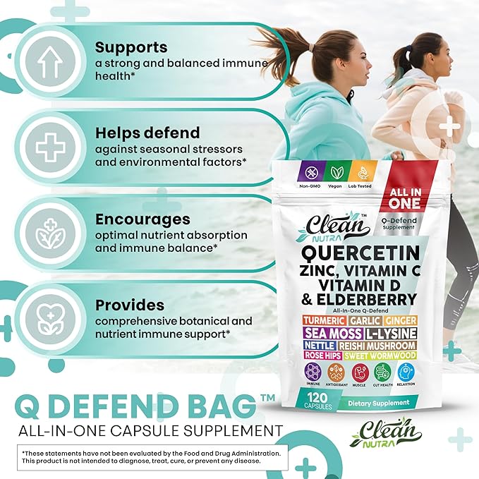 Q Defend Quercetin Supplement with Zinc Vitamin C Vitamin D Elderberry Turmeric Black Pepper Garlic Ginger Sea Moss Lysine Stinging Nettle Reishi Mushroom Immune Support 120 Capsules by Clean Nutra