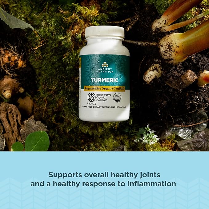 Ancient Nutrition Regenerative Organic Certified Turmeric Capsules, Once Daily, Use as a Joint Supplement and Supports Inflammation, Gluten Free, Paleo and Keto Friendly, 90 Count