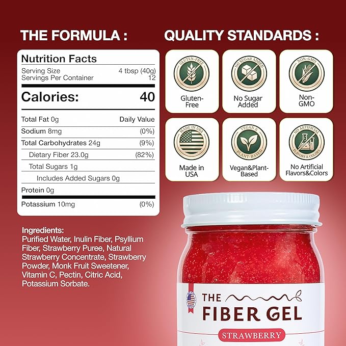 The Fiber Gel High Dietary Fiber Prebiotic Gel Formula — 100% Natural & Clean Label — Plant-Based Psyllium Husk & Inulin Complex — Keto Friendly, Vegan, No Added Sugar — Strawberry, 32 oz