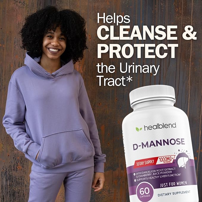 D-Mannose 1000mg Capsules with Cranberry Juice Powder, Hibiscus, and Dandelion Extracts - 30 Day Supply for Urinary Tract Health