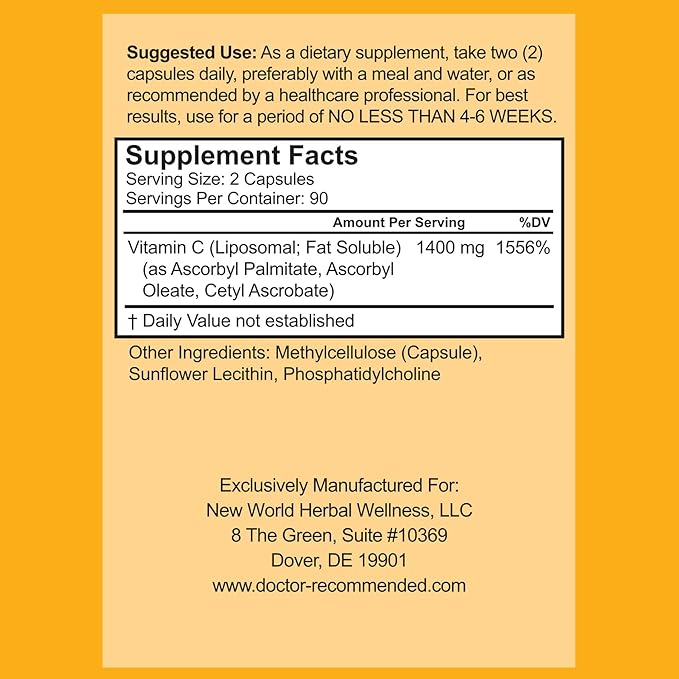 Liposomal Vitamin C 1400mg Per Serving - High Absorption Ascorbic Acid, Lypo-Spheric Vitamin C Complex Immune Support Supplement w/Powerful Antioxidants and Collagen Booster, (180 Veggie Caps 2 Pack)