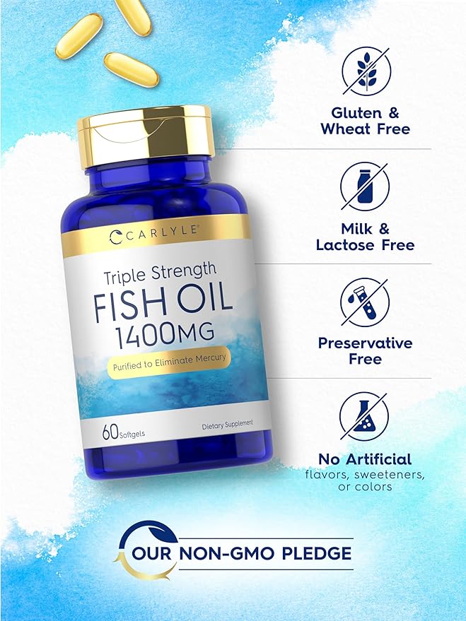 Carlyle Omega 3 Fish Oil 1400 mg | Triple Strength | 60 Softgels | High Potency with EPA & DHA | Non-GMO, Gluten Free Supplement