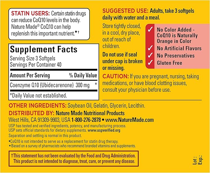 Nature Made CoQ10 300mg per 3 Softgels, CoQ10 Supplement for Heart Health & Antioxidant Support, 120 Softgels, 40 Day Supply