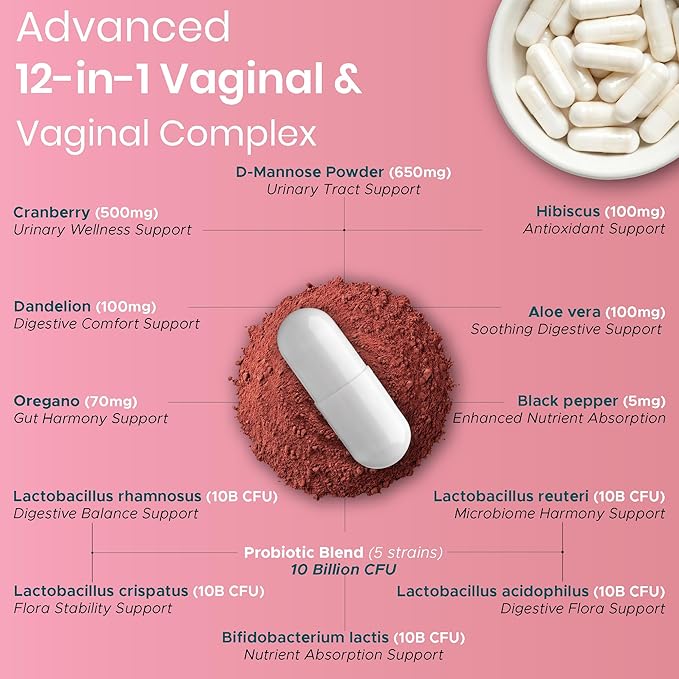 Women’s Vaginal Microflora Probiotic Complex | Everyday Freshness & Comfort Formula | 12-in-1 Blend with Cranberry, D-Mannose & Hibiscus | Third-Party Tested, cGMP Facility, Vegan, Non-GMO, 60 Caps